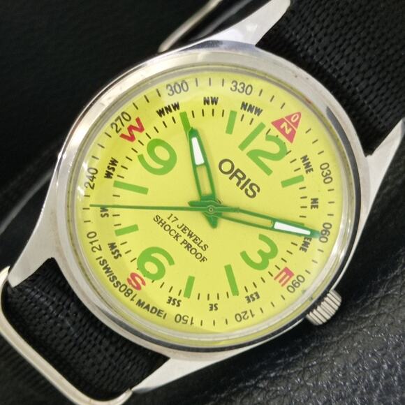 Vintage 1991 Oris Manual Mens Silver Watch W/Nato Strap & Yellow accents - Picture 1 of 9